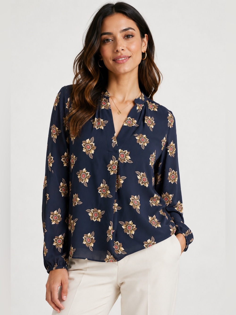 Ann Taylor Loft Blue Floral Semi-Sheer Blouse Top Sz Small